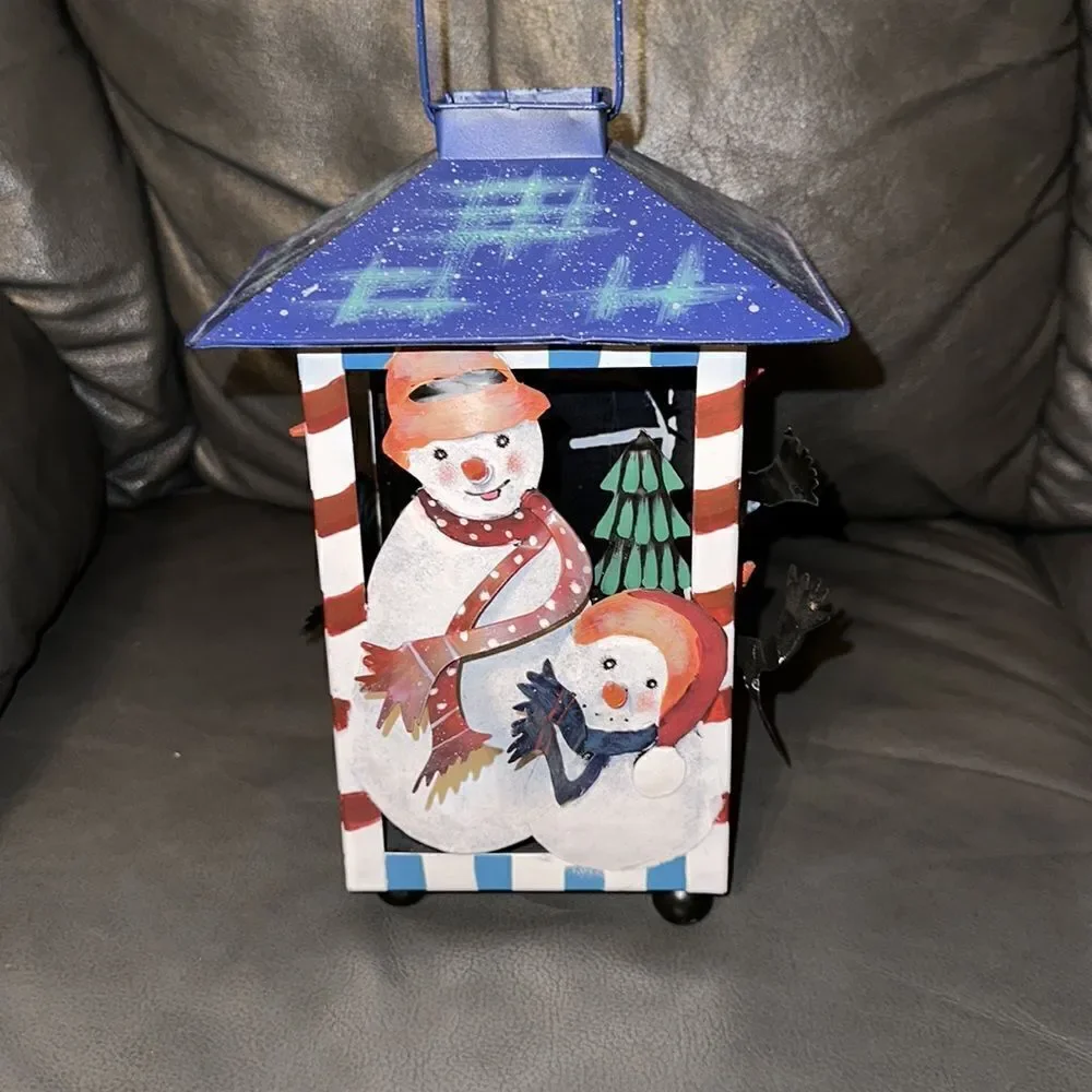 Tin Metal Snowman Candle Light Lantern Christmas Holiday Decor